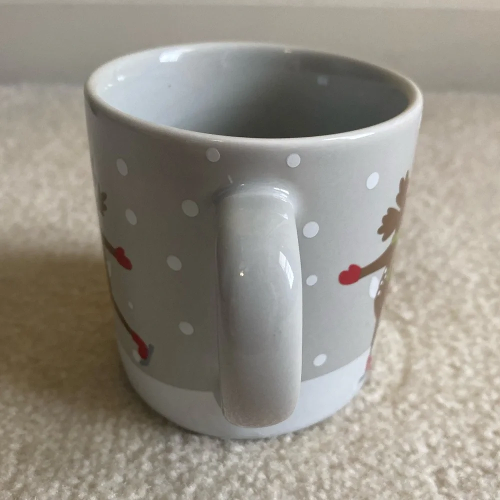 Crate & Barrel Skating Reindeer 3” Espresso Mug, Joan Anderson Christmas 2016